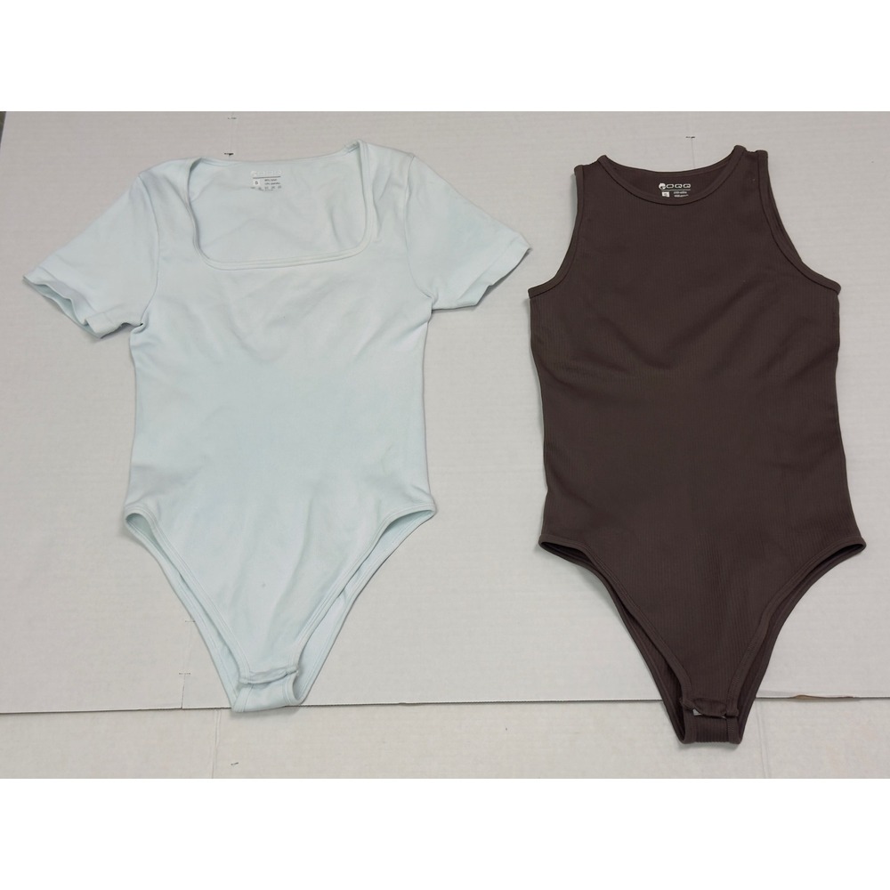 OQQ Bodysuit Set Womens Small Blue Brown Ribbed Square Neck Sleeveless 2pk